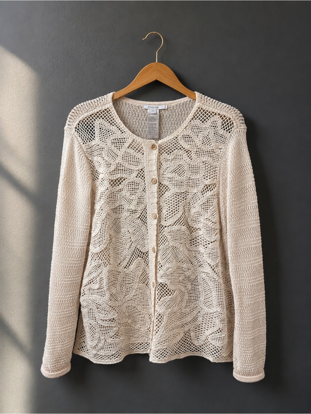 Chicos Cream Soutache Lace Knit Cardigan Sweater Size 3 = 16/18